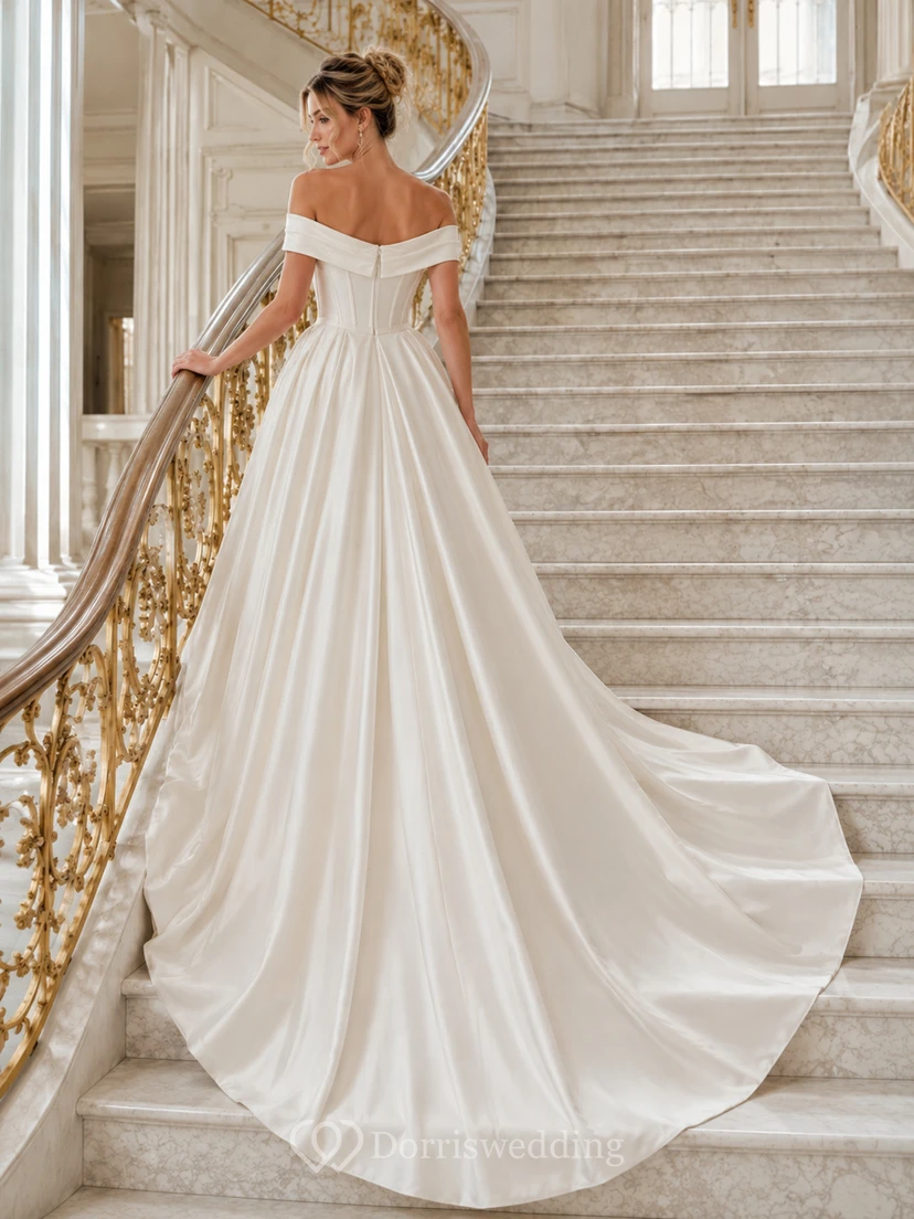 Minimalist Satin Wedding Dress Ball Gown Off Shoulder Chapel Train Bridal Gown view 2