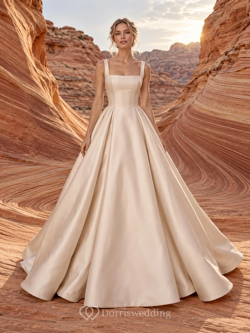 Vestido de novia sencillo de satén plisado sin mangas con escote cuadrado, largo hasta el suelo.