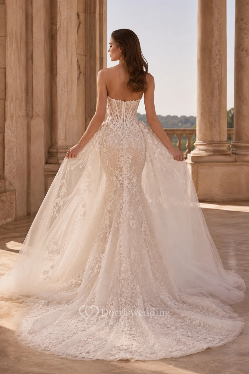Vestido de novia de gala sin tirantes de encaje con cola de capilla view 2