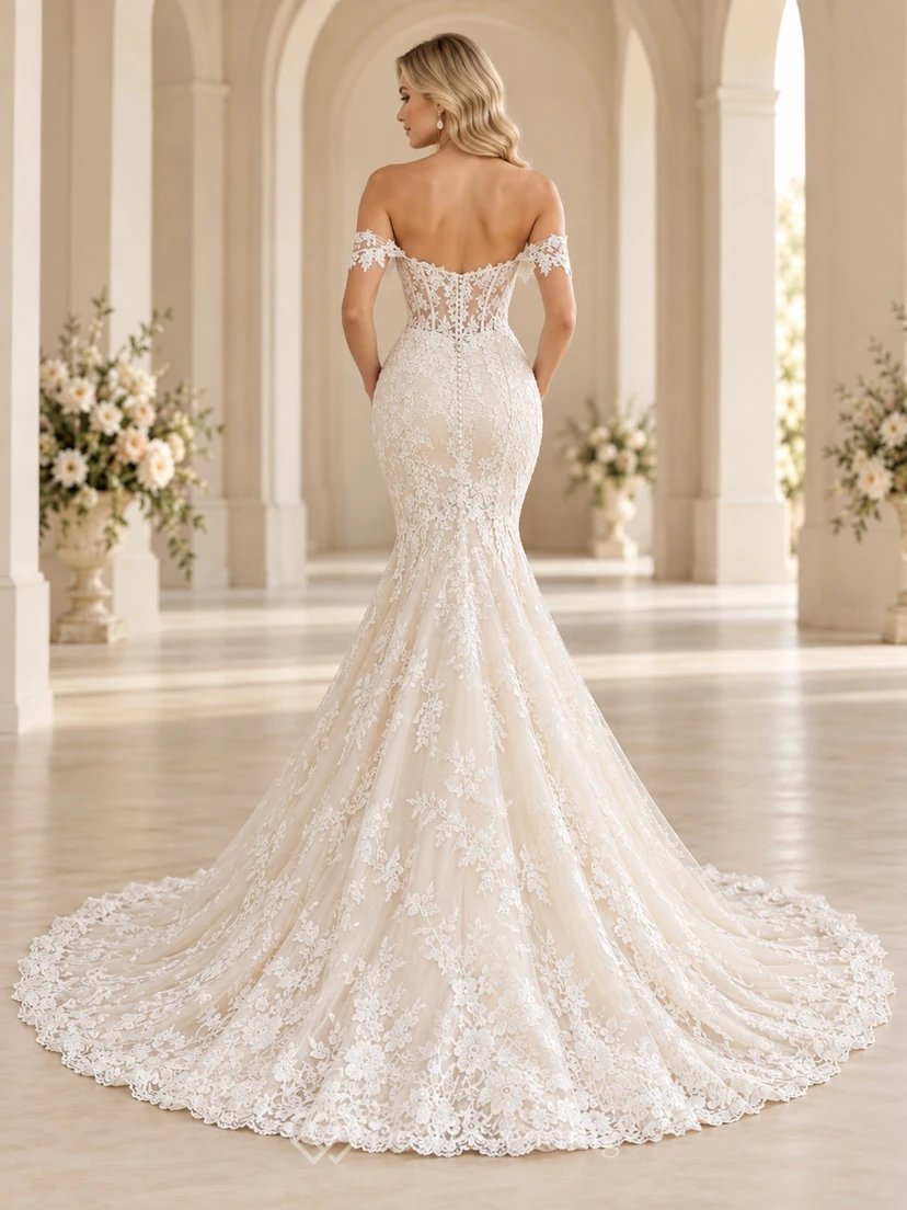 Mermaid Off Shoulder Sweetheart Floral Lace Fitted Train Wedding Dress view 2