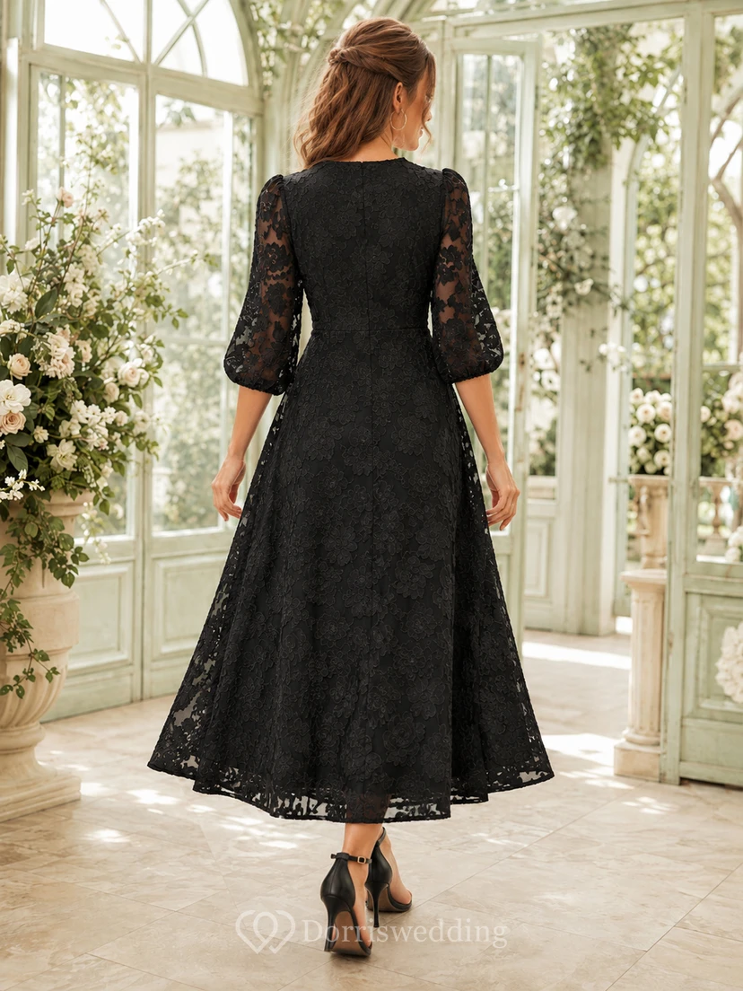 Black V-Neck Three-Quarter Lace Sleeve A-Line Tea Wedding Guest Dress view 2