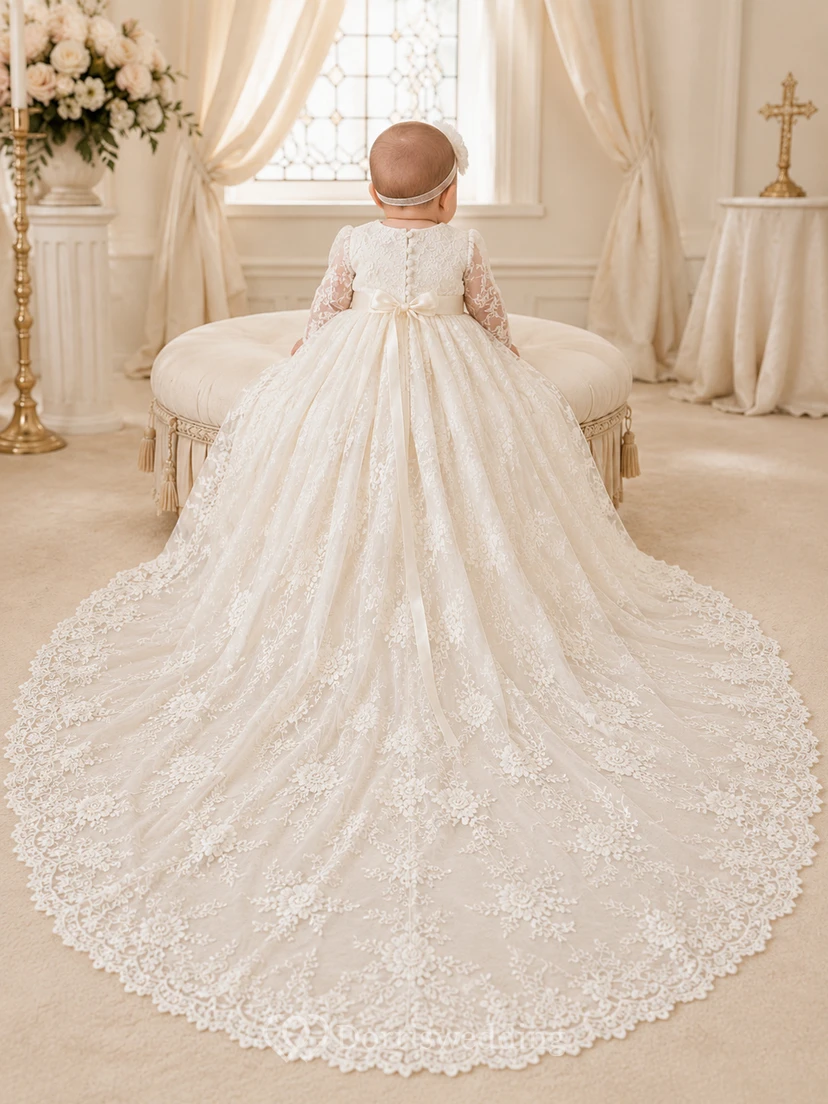 Luxuriöses Taufkleid für Babys, bodenlang, mit Kathedralenschleppe, Rundhalsausschnitt, langen Ärmeln, Tüllspitze, floralen Applikationen, Schleife am Rücken und Knopfleiste. view 2