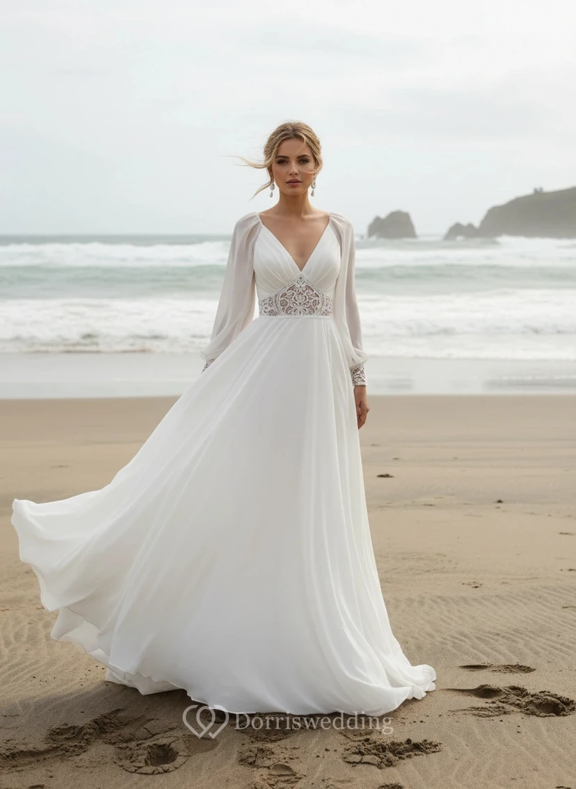 Robe de mariée en mousseline à manches longues et col en V, avec taille en dentelle et manches gigot