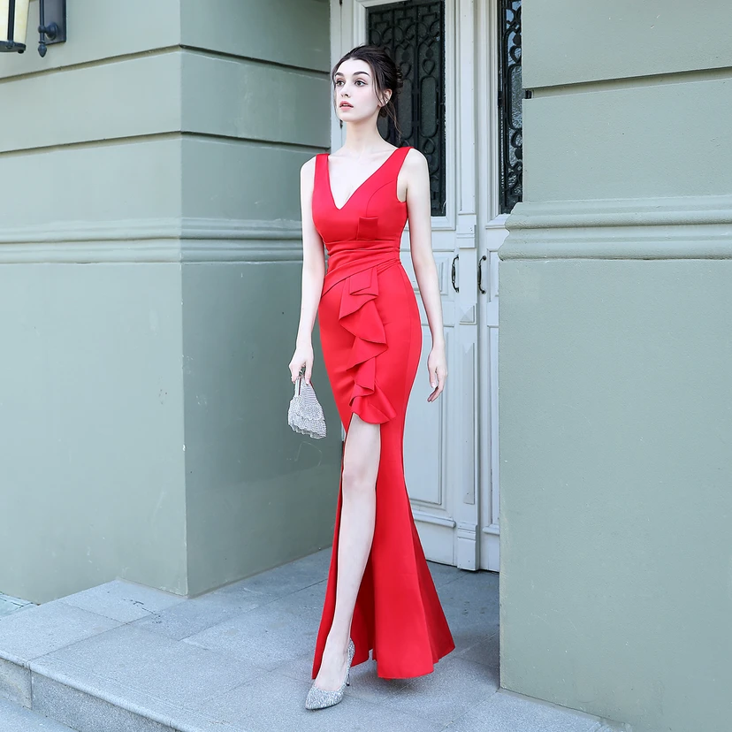 Toast Dress Bride Long Sleeveless Red Thank You Banquet Slim Fishtail Skirt Wedding Car Model Exhibition Dress view 65