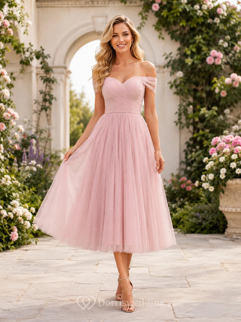 Romantisches Brautjungfern-Cocktailkleid in Perlmuttrosa mit schulterfreiem Herzausschnitt und Chiffon-A-Linien-Schnitt in Teelänge