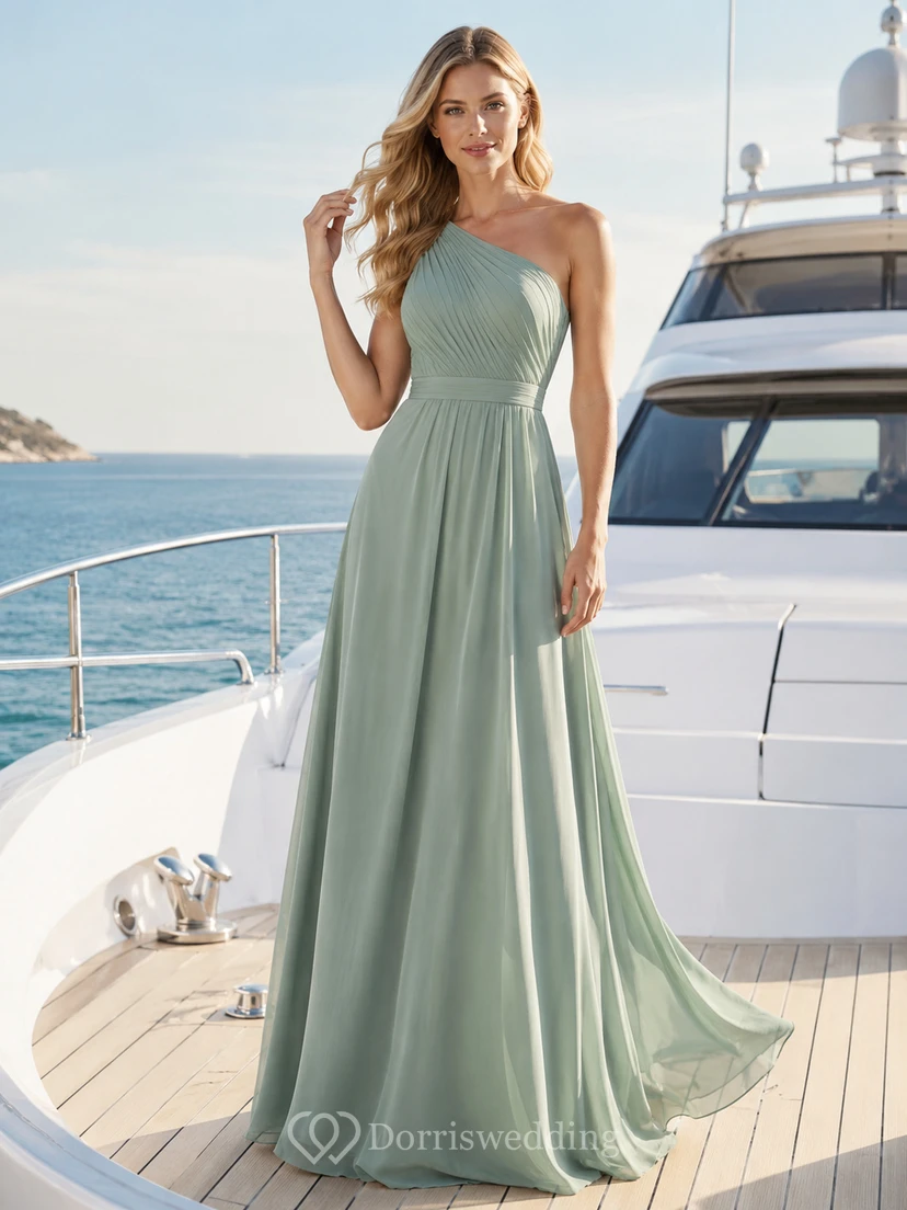 Sage Yacht A-Line Chiffon Bridesmaid Dress with Sleeveless One-Shoulder Bodice, Pleated Floor-Length Skirt and Low V Back