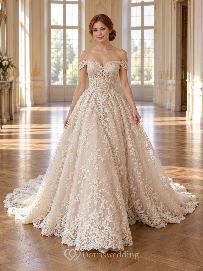 Robe de mariée champagne à épaules dénudées et décolleté cœur, en dentelle cordée