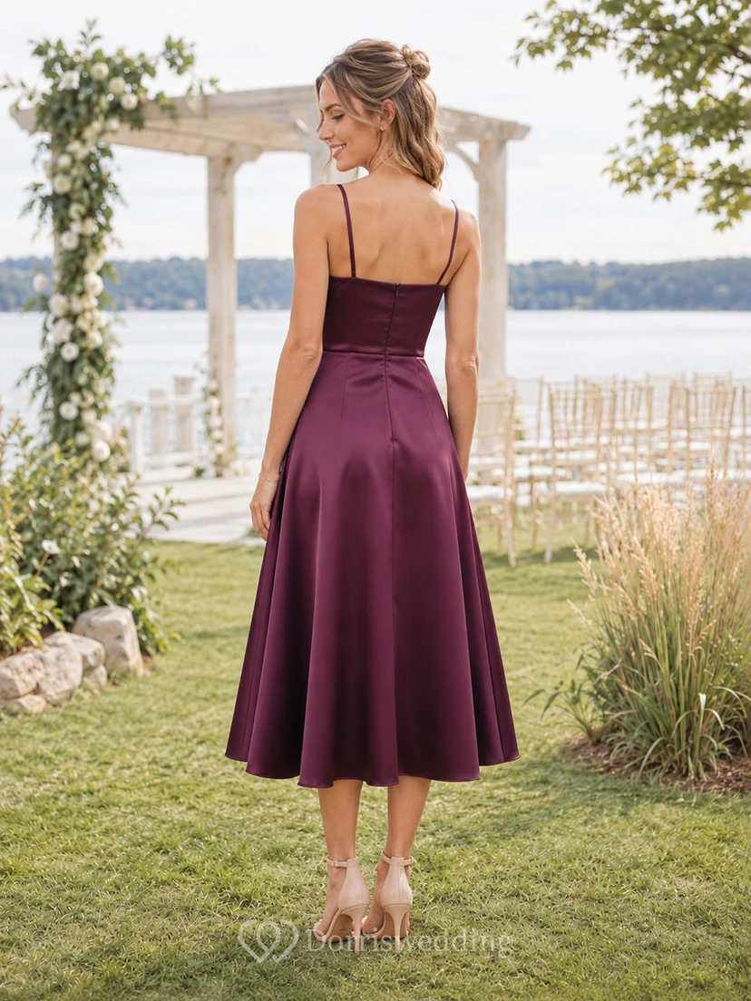Plum Square Neck Spaghetti Satin Tea Length Guest Dress view 2
