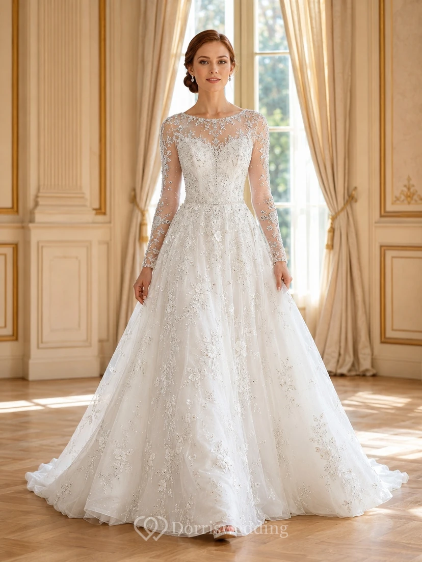 Silbernes, perlenbesetztes A-Linien-Brautkleid mit U-Boot-Ausschnitt, langen Ärmeln, bodenlanger Schleppe und elegantem Schnitt