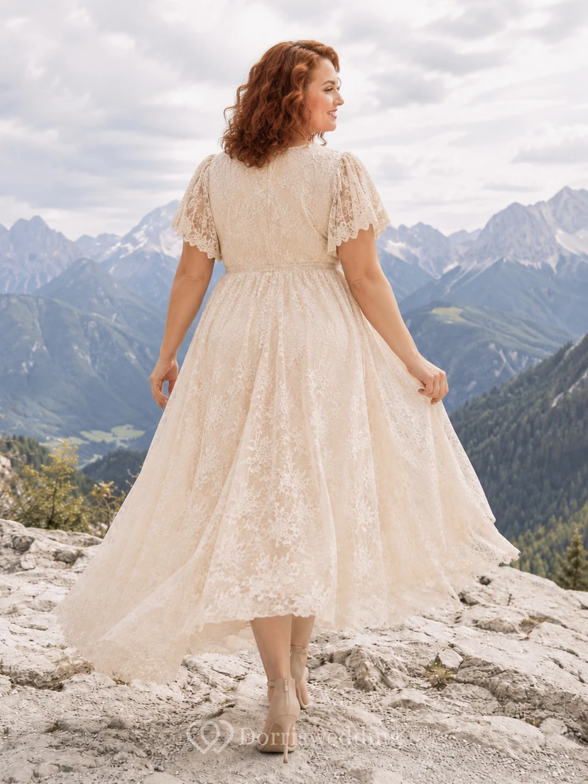 Plus Size Short Sleeve Lace Mountain Elopement Bridal Dress view 2