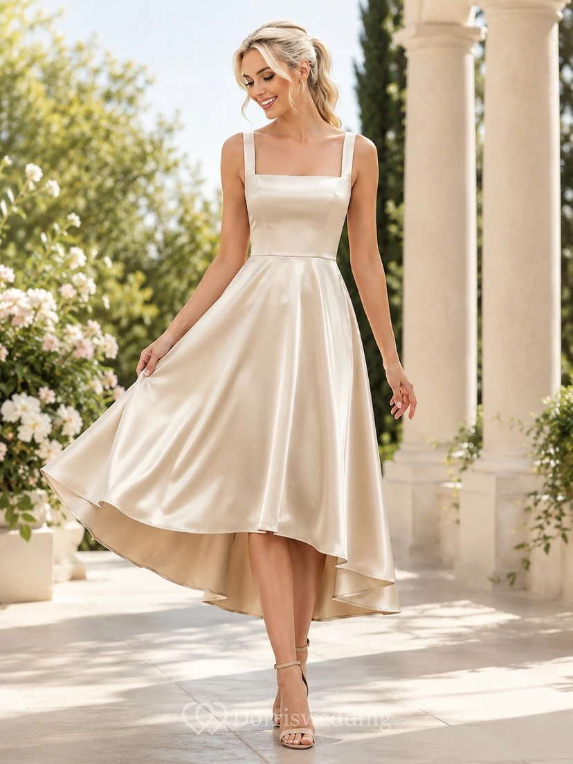 Robe d'invitée vintage en satin champagne, coupe trapèze, longueur thé, col carré, sans manches
