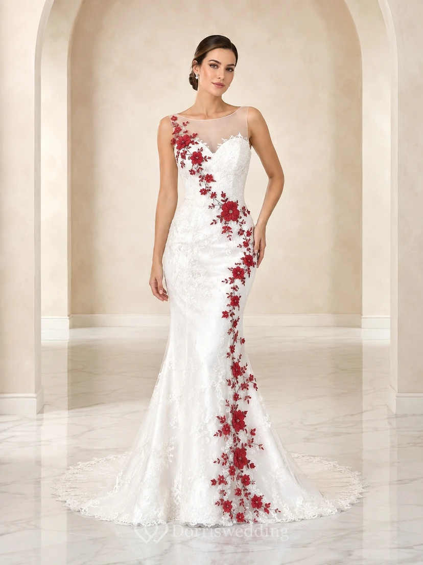 Modernes, rotes, modernes Brautkleid im Meerjungfrauenstil mit floralem One-Shoulder-Ausschnitt, Illusionsspitze und Schleppe aus roter Spitze.