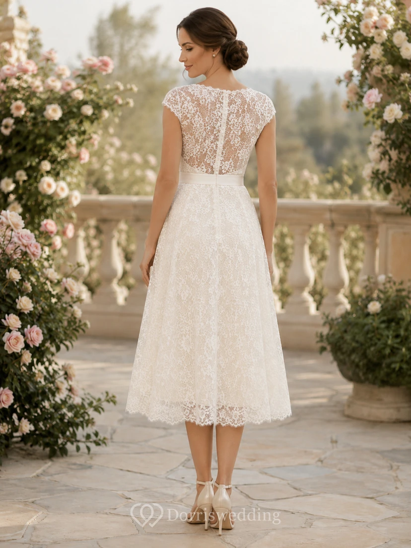 Robe de mariée civile romantique en dentelle à manches courtes et décolleté en cœur, style bateau, pour un mariage court view 2
