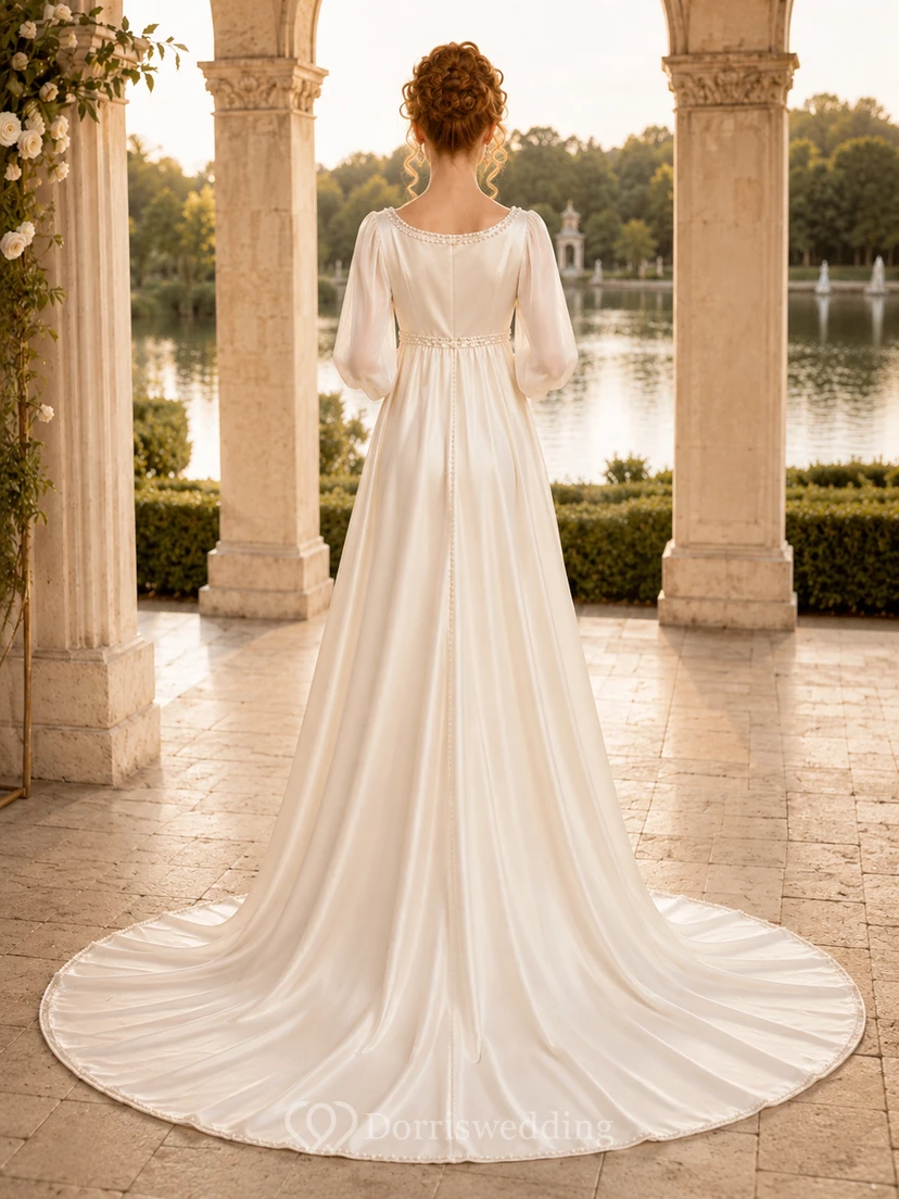 Modest Jewel Neck Satin Wedding A Line Empire Long Balloon Sleeve Court Train view 2