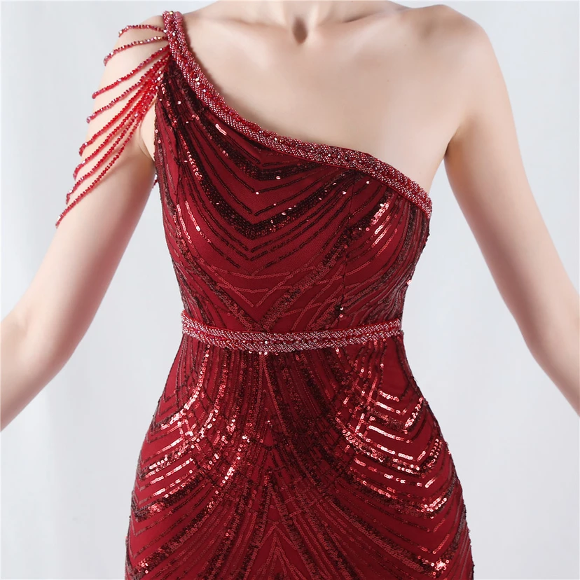 Positioning Flower Beaded Craft Beaded One-Shoulder Oblique Collar High Slit Evening Dress view 28