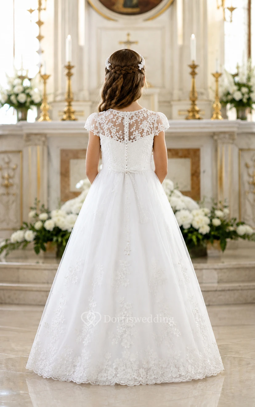 Vestido de baile de primera comunión de tul blanco con encaje transparente y mangas cortas view 2