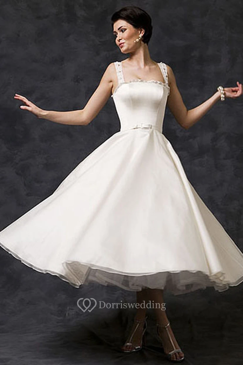 Tea-Length A-Line Sleeveless Strapped Beaded Satin Wedding Dress