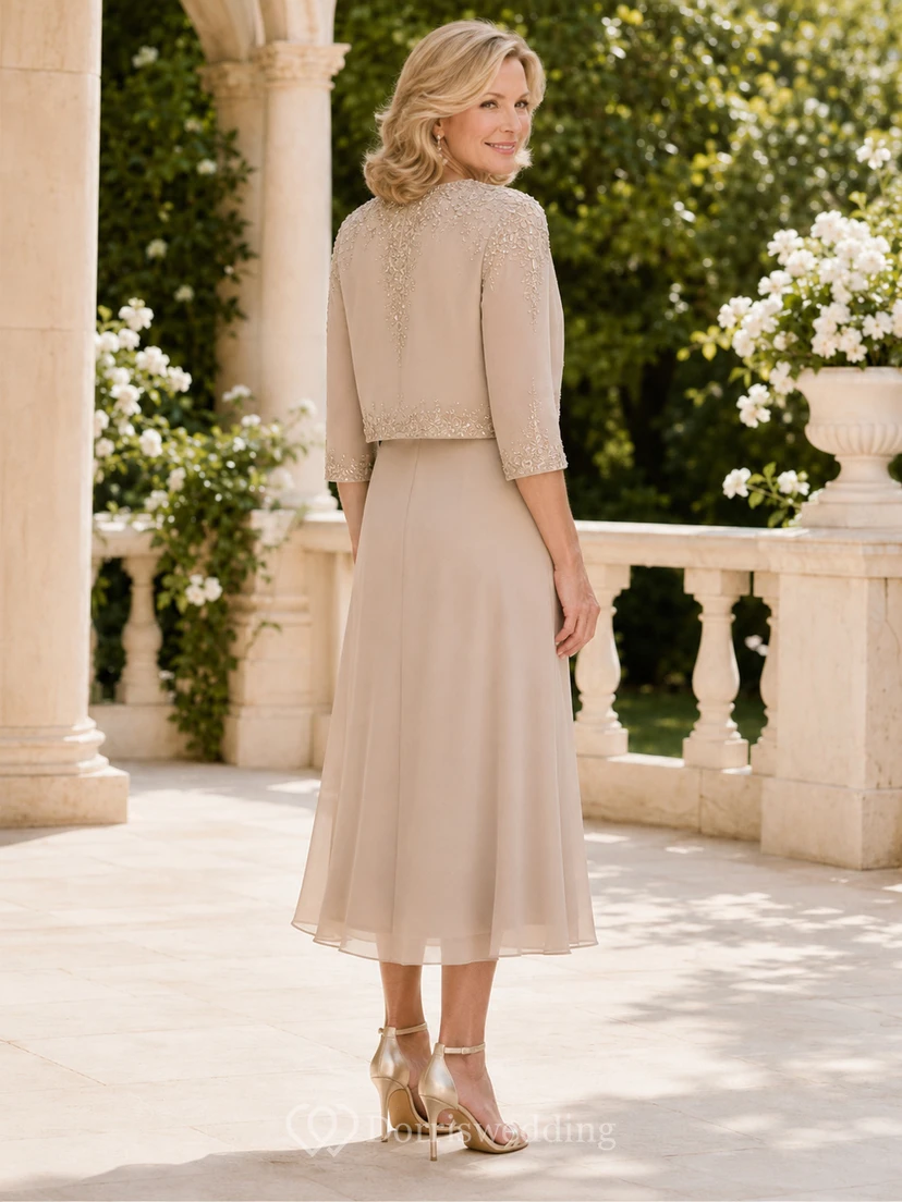 Champagnerfarbenes, elegantes, romantisches, verziertes, kurzes Bolerokleid aus gerafftem Chiffon in Teelänge – das perfekte Kleid für die Mutter der Braut view 2