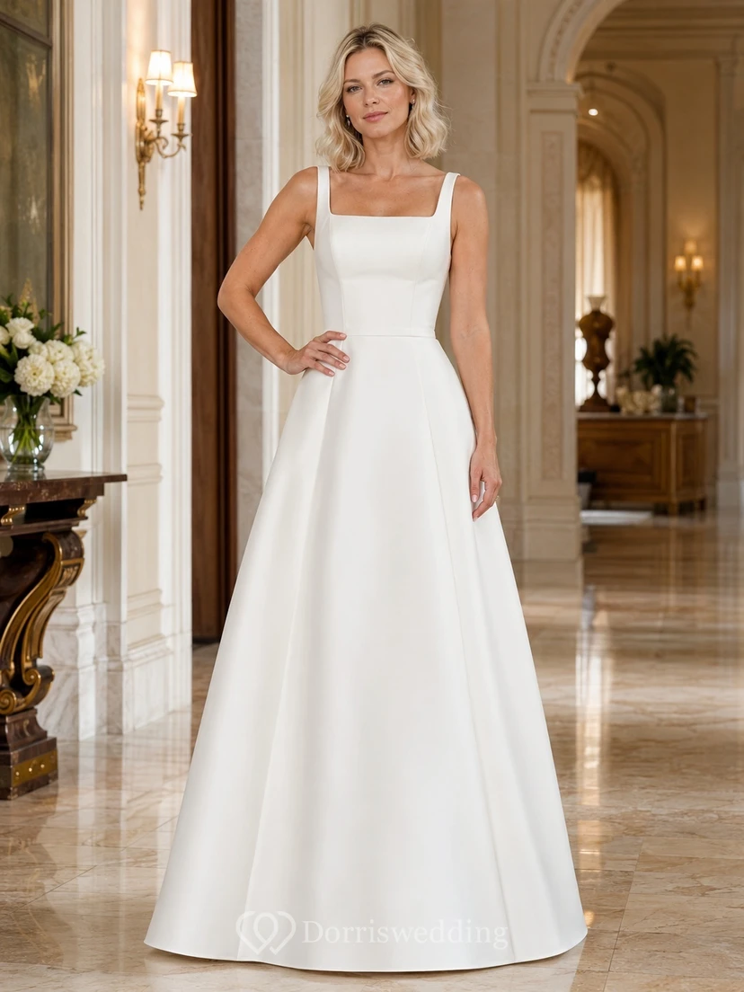 Schlichtes, modernes Brautkleid aus Satin mit quadratischem Ausschnitt, Trägern und A-Linien-Schnitt in Bodenlänge