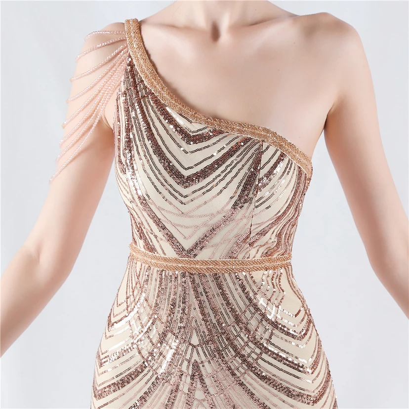 Positioning Flower Beaded Craft Beaded One-Shoulder Oblique Collar High Slit Evening Dress view 58