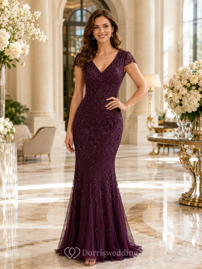 Robe sirène prune à col V, manches courtes et perles, longueur midi