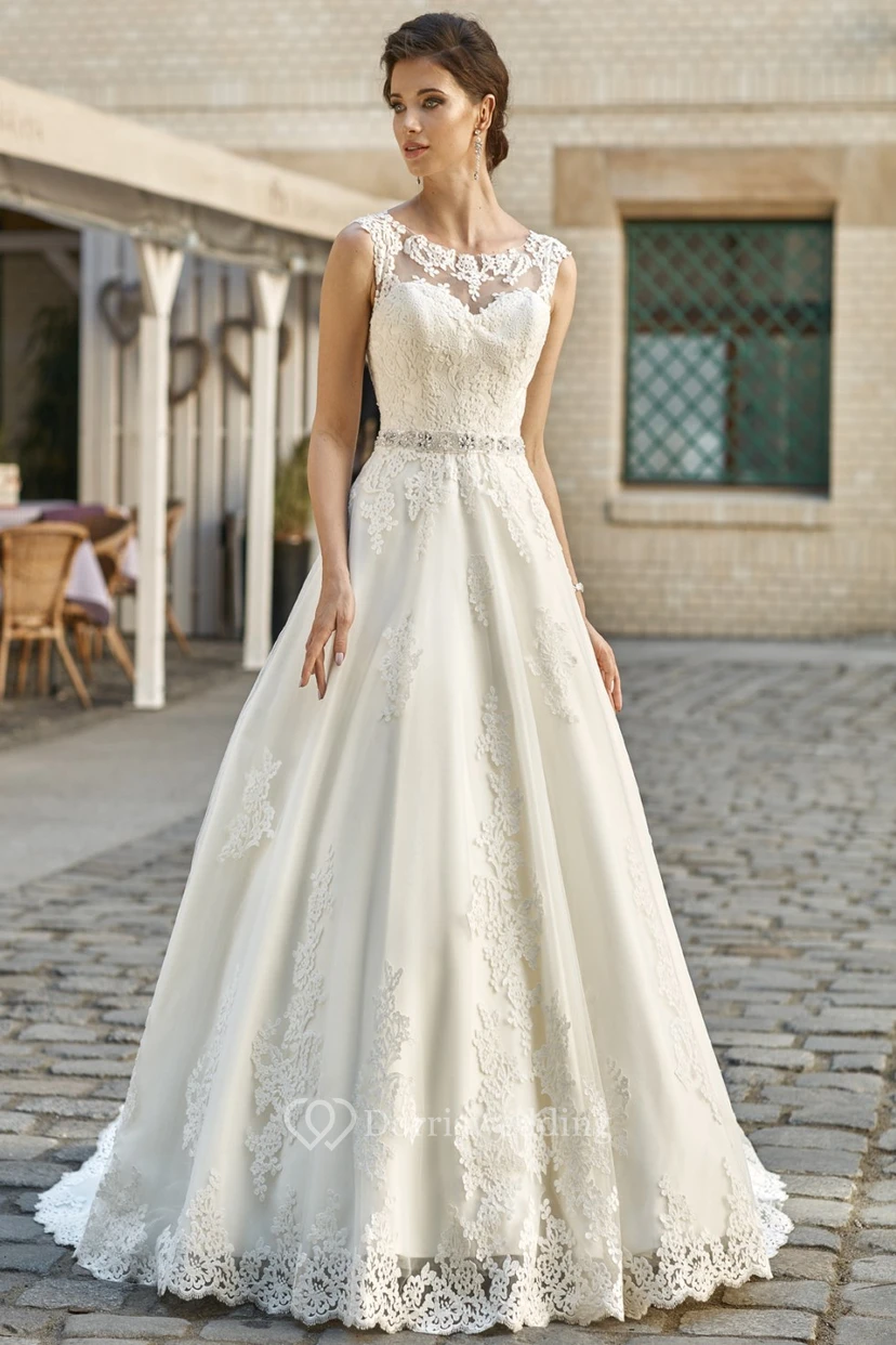 A-Line Sleeveless Floor-Length Scoop-Neck Appliqued Lace&Satin Wedding Dress With Waist Jewellery