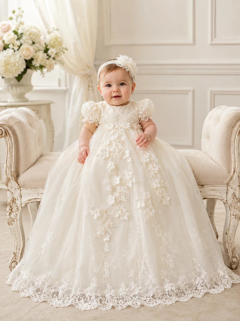 Floral Applique Christening Gown A-Line Tulle Lace Short Sleeve Floor-Length