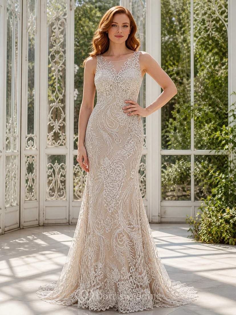 Vestido de novia modesto estilo sirena, sin mangas, con cuello alto y encaje festoneado