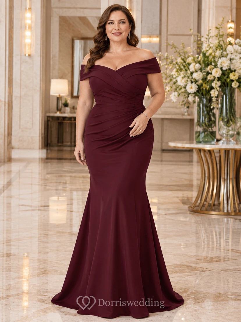 Sexy Brautkleid in Übergröße, burgunderrot, schulterfrei, kurze Ärmel, gerafft, Meerjungfrauenschnitt, bodenlang, Schleppe