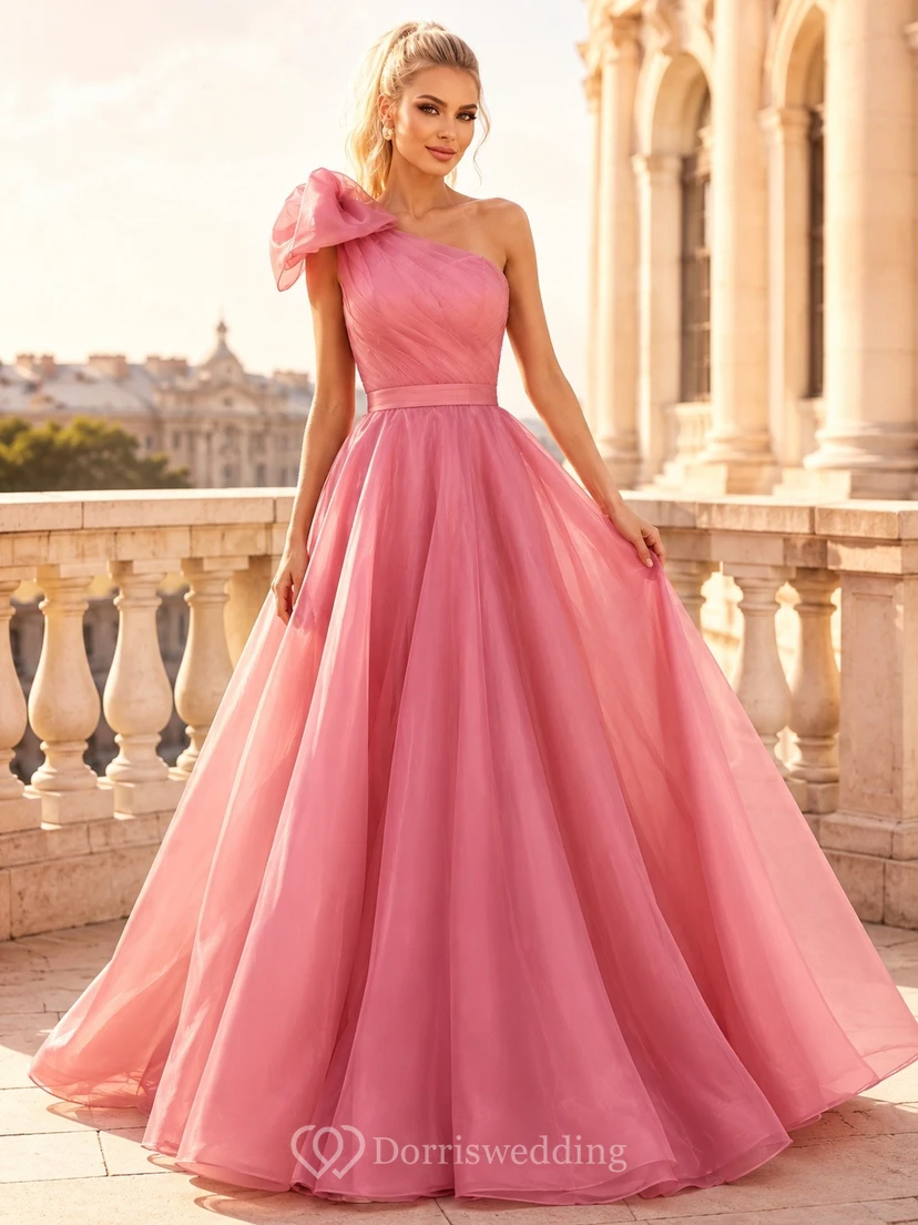 Rose Pink Satin Short Sleeve A-Line Evening Gown