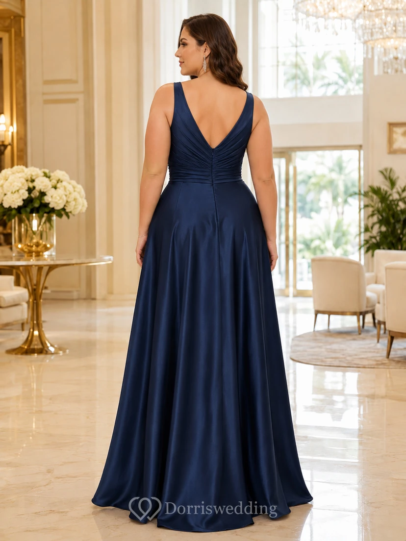 Elegantes, schlichtes Brautjungfernkleid aus dunkelblauem Satin mit A-Linie, bodenlang, V-Ausschnitt und ärmellos view 2