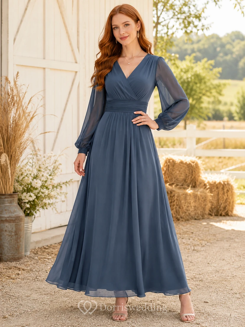 Farmhouse Slate Blue V-Neck Chiffon A-Line Ankle-Length Long Sleeve Dress Modest