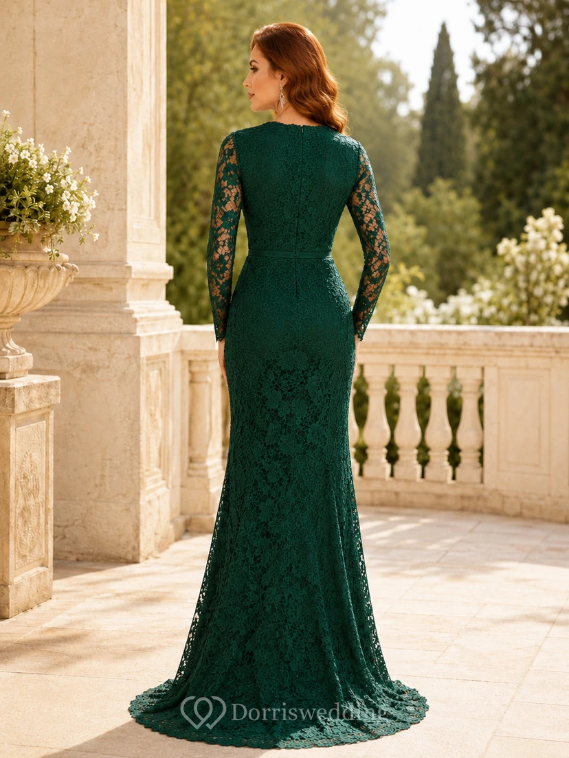 Robe sirène en dentelle vert foncé à manches longues view 2