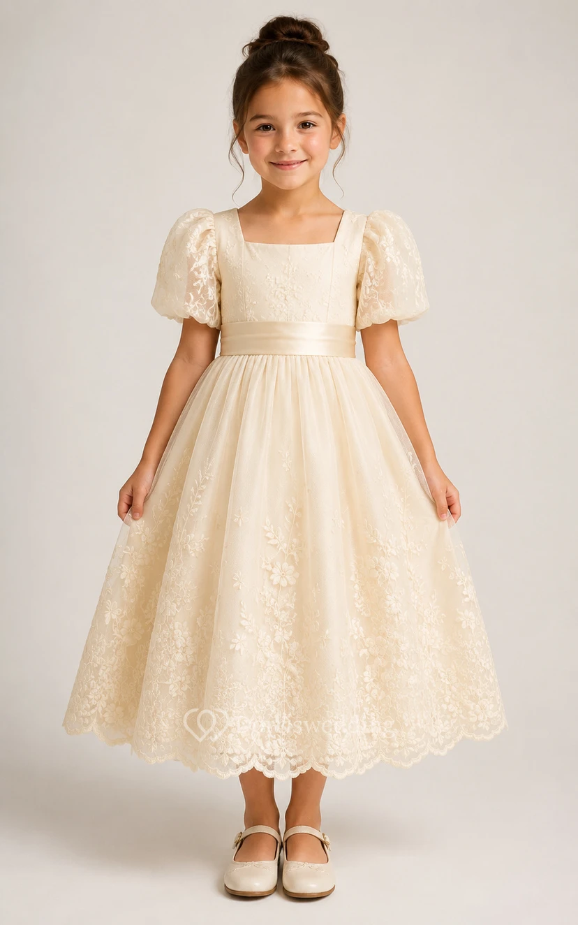 A-line Tea-length Puff Sleeve Lace Flower Girl Dress with Champagne puff sleeves and lace overlay skirt