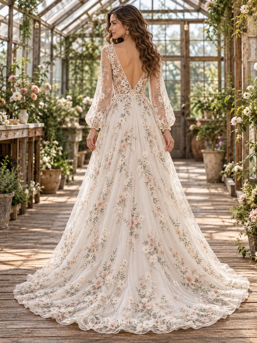 Boho Floral V-neck Long Poet Sleeve Tulle Wedding Dress view 2