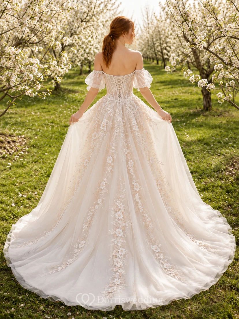 Brautkleid mit floralem Korsett, schulterfrei, aus Tüll, Frühlings-Orchard view 2