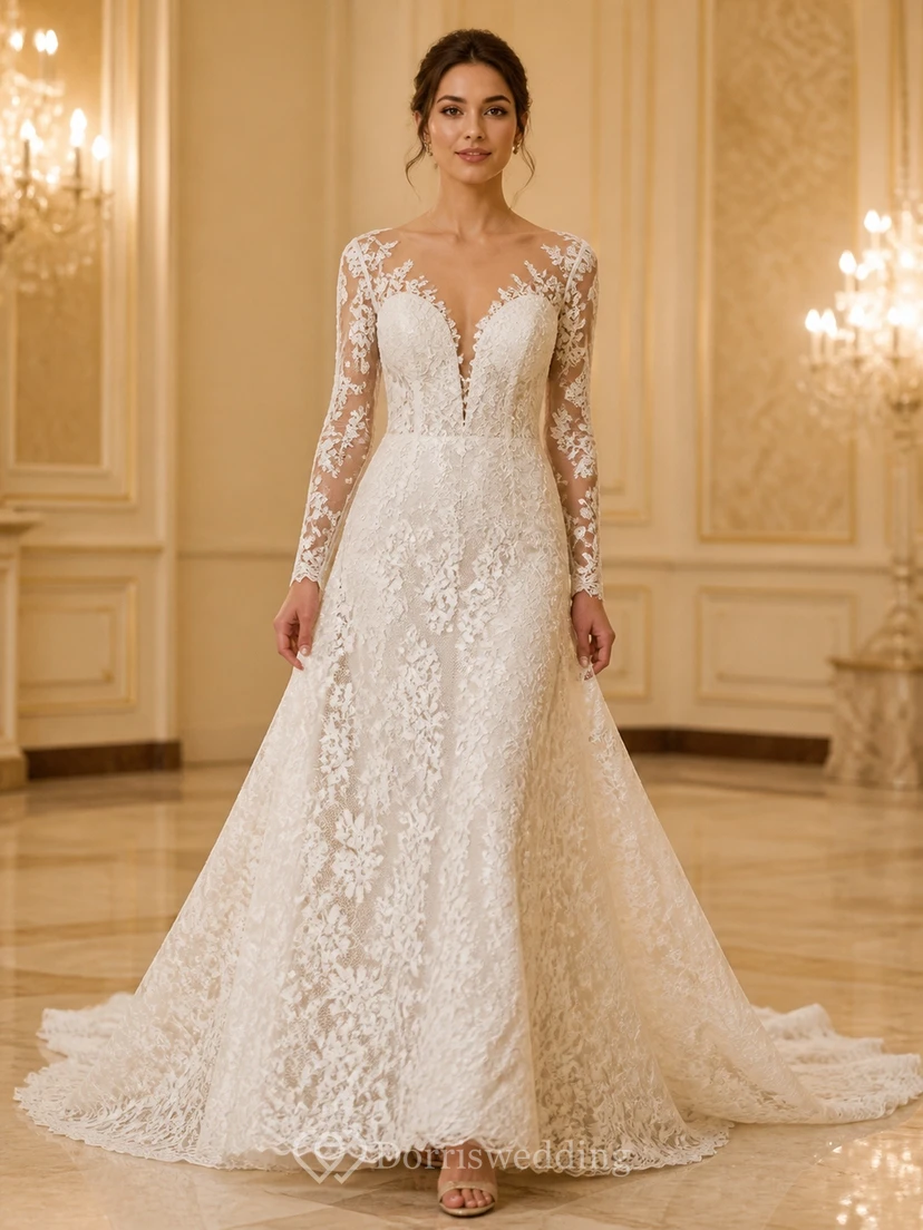 Gran vestido de novia de corte A con cola de catedral, encaje floral y mangas largas