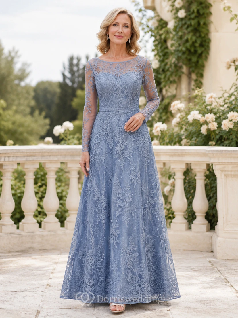 Steel Blue Romantic A-Line Floor-Length Mother of the Bride Dress with Long Illusion Sleeves and Floral Lace