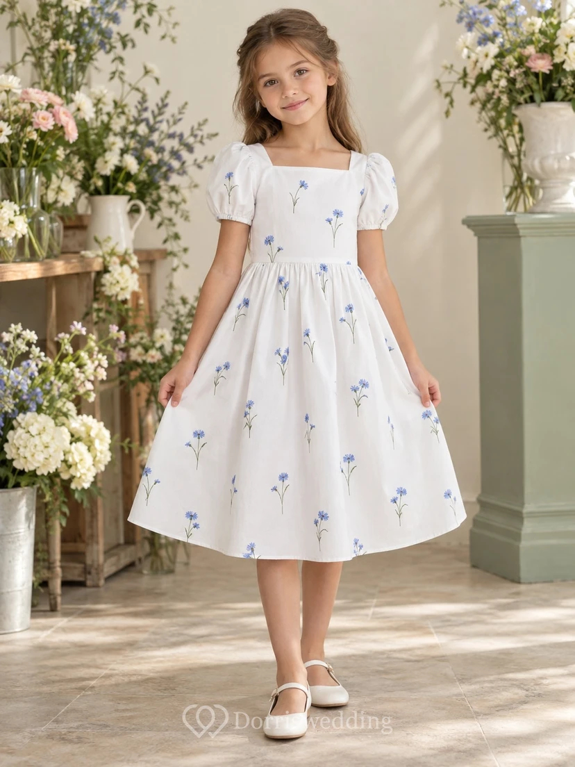 Modest White Tea-length Broad Square Neck Short Puff Sleeves Sparse Blue-Floral Gathered A-line Flowergirl Dress