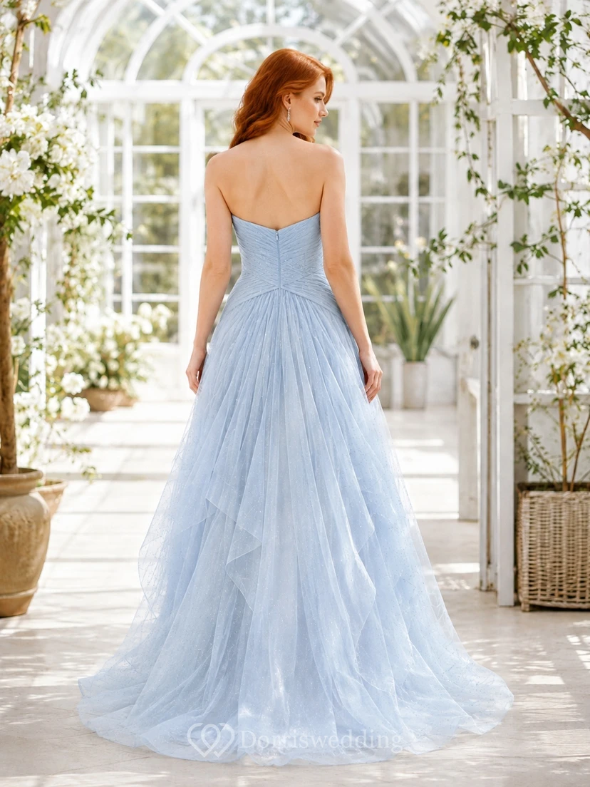 Sky Blue Strapless Tulle Pleated Ball Gown Floor Length Prom Formal Dress view 2