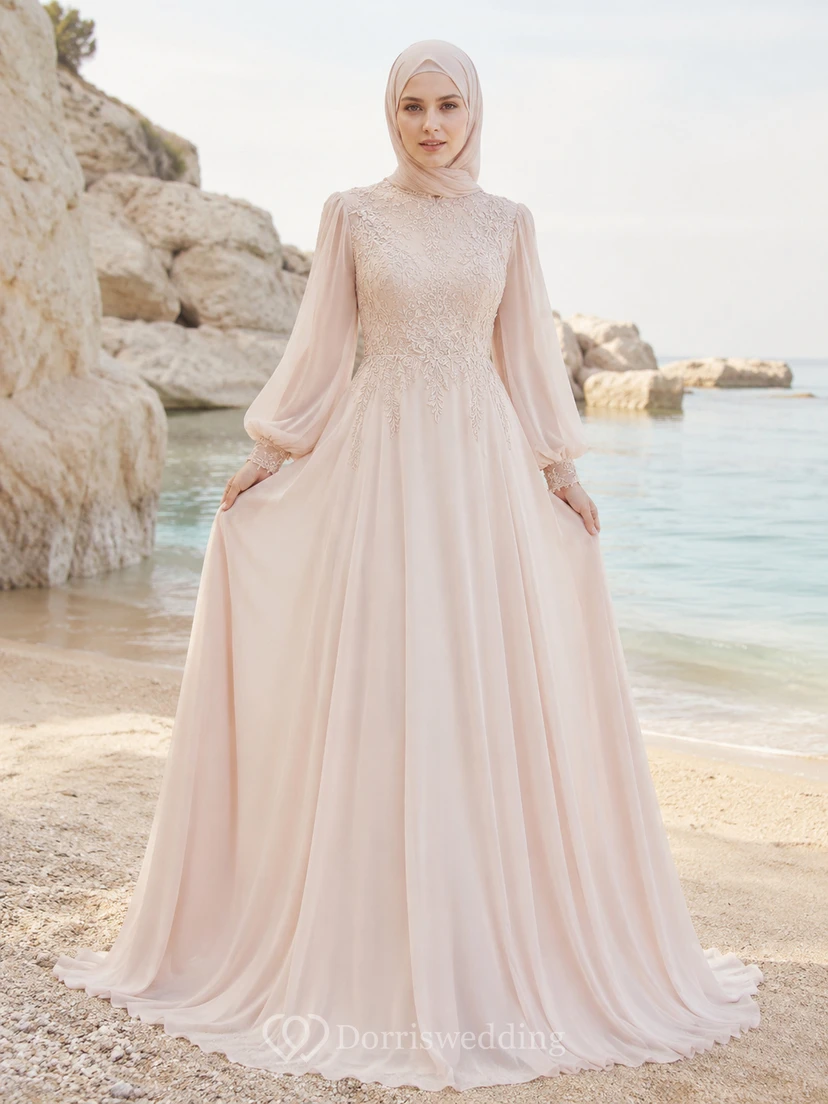 Beach Muslim Blush Poet Sleeve Chiffon A-Line Wedding Dress