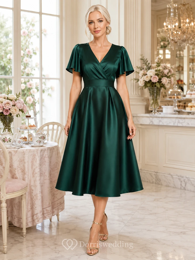 Emerald Parlour Dark Green A-Line Tea-Length V-Neck Short-Sleeve Satin Elegant Guest Dress