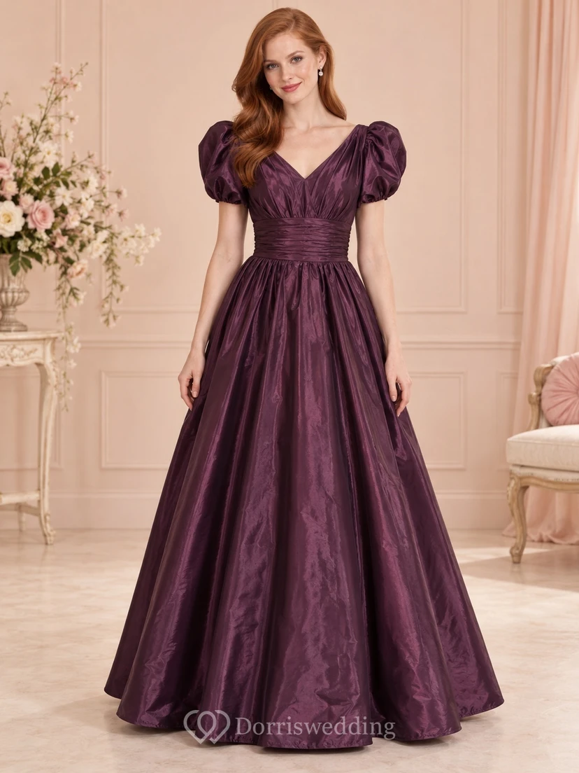 Robe de demoiselle d'honneur longue en taffetas froncé, col en V, manches bouffantes, style vintage prune