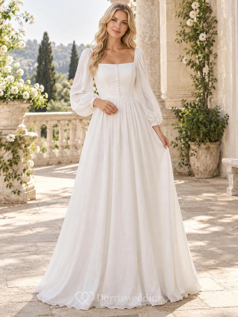 Vestido de novia sencillo de corte A con mangas largas, escote cuadrado, botones en la parte delantera, puños y fruncido.