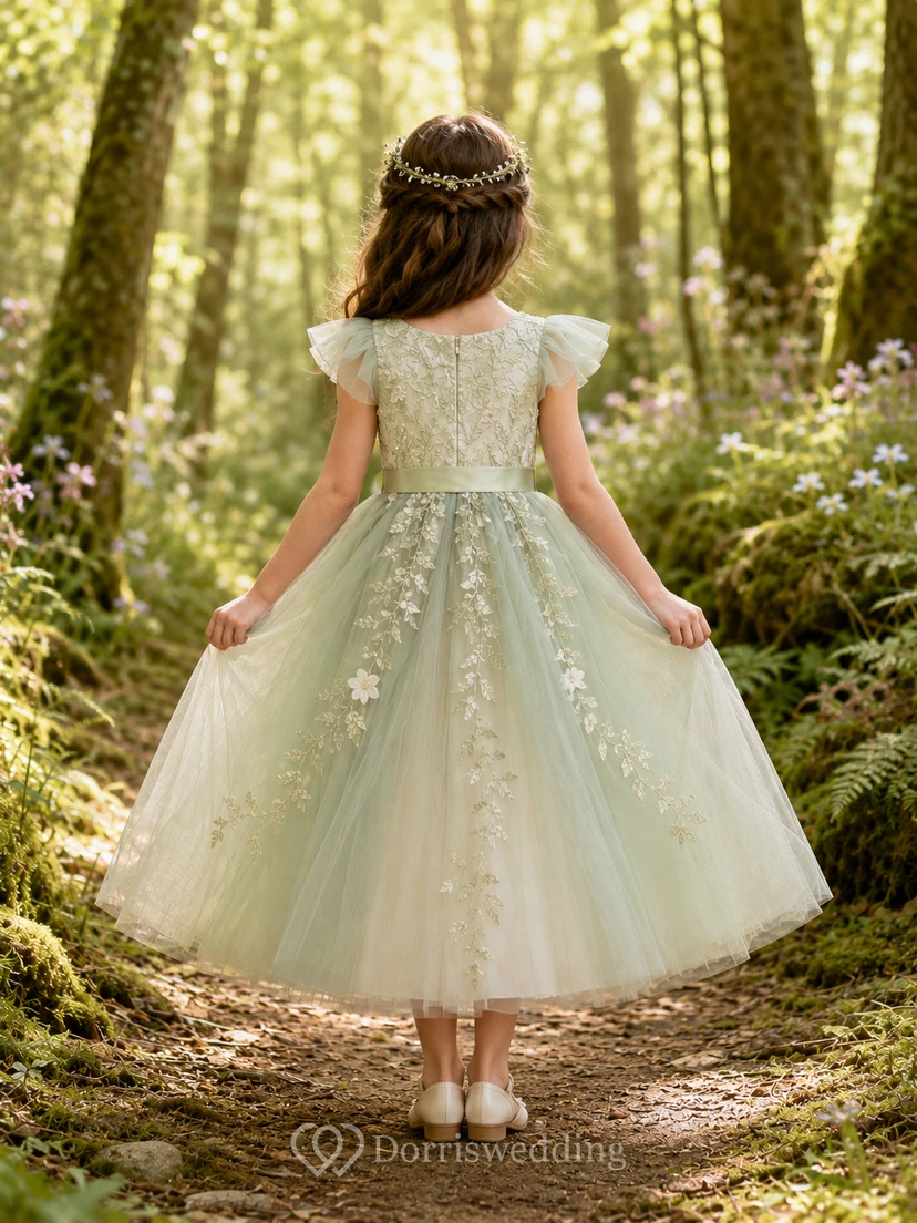 Blumenmädchenkleid aus salbeigrüner Spitze und Tüll, A-Linie, mit flatternden Ärmeln, Rundhalsausschnitt, Teelänge und floraler Applikation view 2