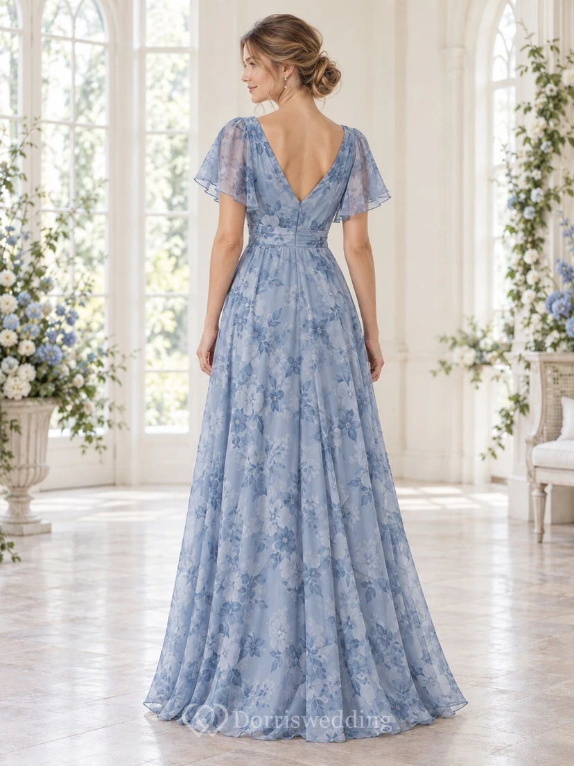 Vestido de dama de honor de gasa azul empolvado con escote en V, mangas con volantes y corte en A, largo hasta el suelo. view 2