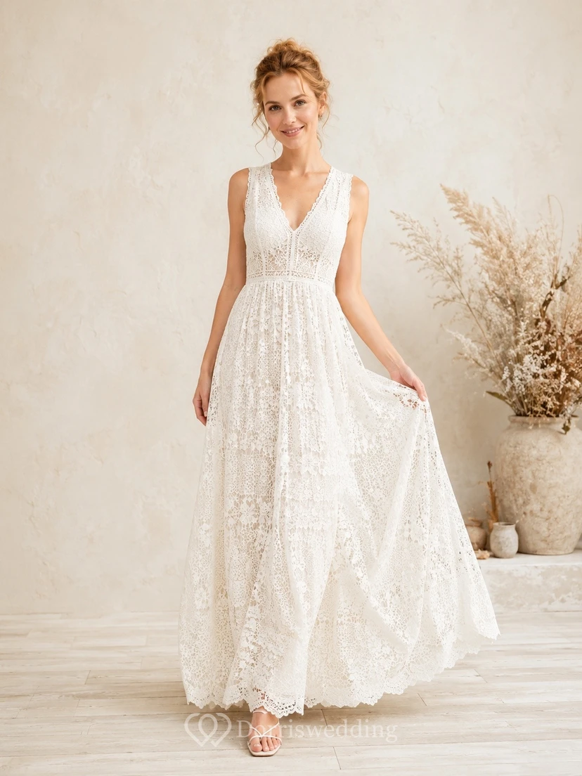 Vestido de recepción nupcial largo hasta el suelo con escote en V y corte bohemio, estilo línea A, de encaje.