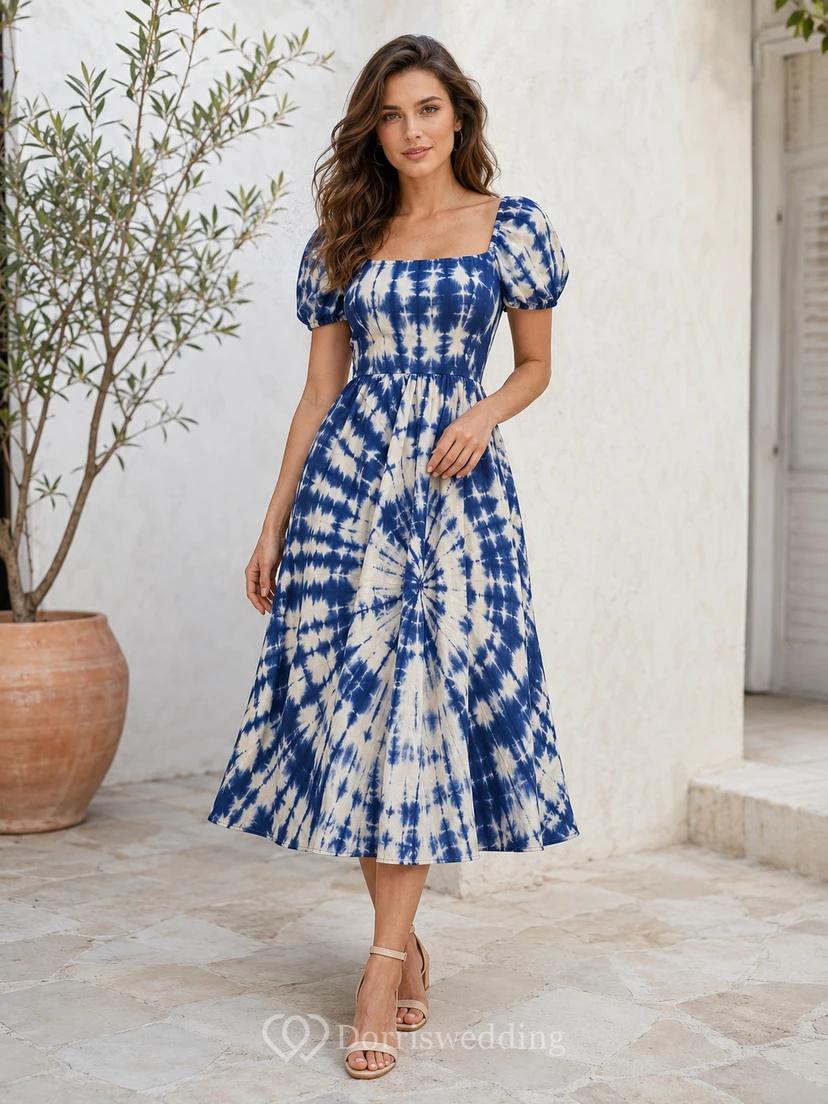 Blue Shibori Square Neck Puff Sleeve Midi Dress