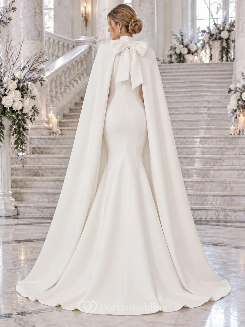 Vestido de novia largo tipo capa de crepé con cuello alto y lazo, sencillo, ideal para invierno. view 2