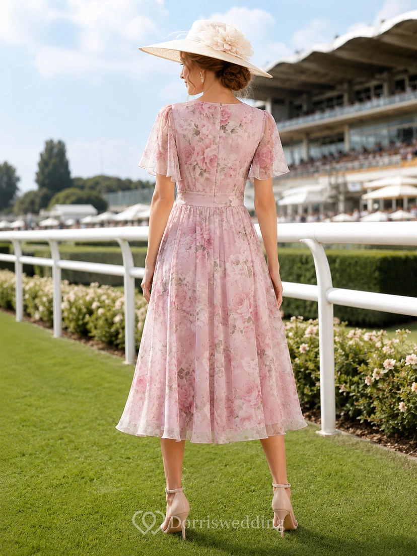 Pink Floral V Neck Flutter Sleeve Race Day Midi Dress view 2